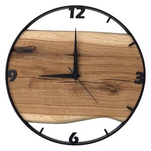 Dřevěné hodiny -35cm, přírodní dřevo - dub, černý kovový rám (35B10)