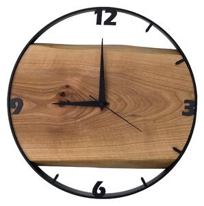 Dřevěné hodiny -35cm, přírodní dřevo - Ořech, černý kovový rám (35B13)