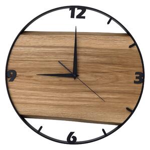 Dřevěné hodiny -45cm, přírodní dřevo - dub, černý kovový rám (45B28)