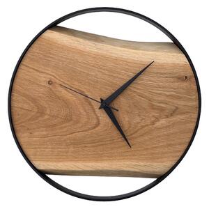 Dřevěné hodiny -35cm, přírodní dřevo - dub, černý kovový rám (35B3)