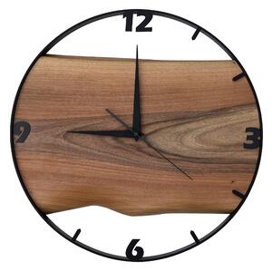 Dřevěné hodiny -45cm, přírodní dřevo - ořech, černý kovový rám (45B33)