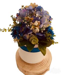Aranžmá - květináč bílý keramický - umělé modré květy hortenzie, v.28cm Naše ruční práce