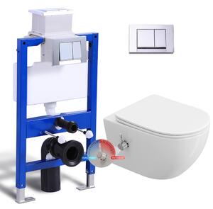 Kompletní sada předstěnového sprchového klozetu - 82cm skrytá nádržka + závěsný sprchový klozet s teplou/studenou vodou + obdélníková chromovaná deska HOROW