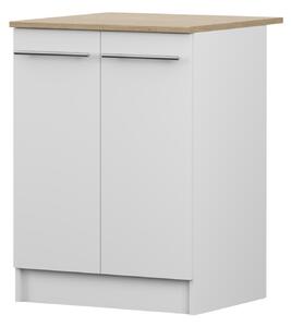 Spodní skříňka INEZ IV, kuchyň, dvoudveřová kuchyňská skříňka 60 cm, bílá/kamenný dub, se dvěma otočnými dvířky a stříbrnými kovovými úchytkami