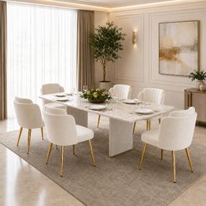 Sada 6 jídelních židlí Flieks s prohnutým opěradlem, nastavitelnými nohami a zlatým rámem, polstrované, vhodné do kuchyně, bílé