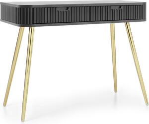 Kosmetický stolek s černými nohami s zlatými detaily, stojací nábytek, 2 zásuvky, moderní design