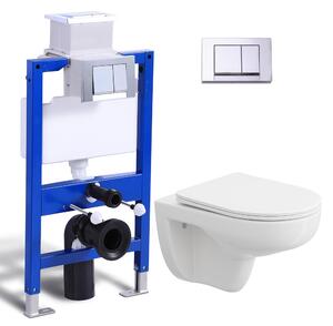 Kompletní sada předstěnových klozetových prvků - 82cm skrytá splachovací nádržka + závěsný klozet bez okrajů závěsný klozet + obdélníková chromovaná tlačná deska HOROW