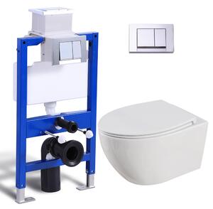 Kompletní sada předstěnových klozetových prvků - 82cm skrytá splachovací nádržka + závěsný klozet závěsný klozet + obdélníková chromovaná tlačná deska HOROW