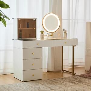 Toaletní stolek Sweiko se zrcadlem s LED osvětlením, deska z průhledného tvrzeného skla, bočnice toaletního stolku a skříňka, elegantní nábytek, bílý, rozměry: 120 x 45 x 115 cm (bez taburetu)