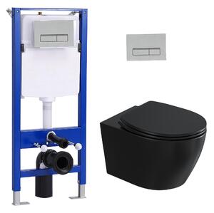 Sada předstěnových WC prvků + matně černý závěsný klozet + 114 cm skrytá splachovací nádržka s obdélníkovou chromovanou deskou HOROW