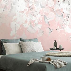 Samolepící tapeta listy s kolibříky v růžovo-šedém