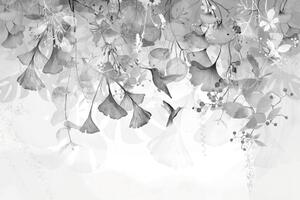 Tapeta listy s kolibříky v černobílém