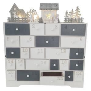 LED adventní kalendář betlém dřevěný, 37 × 11 × 40 cm, bílá a šedá, na 2× AA