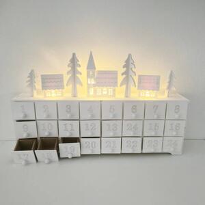 LED adventní kalendář dřevěný, 37,5 × 8 × 23 cm, bílá, na 2× AA
