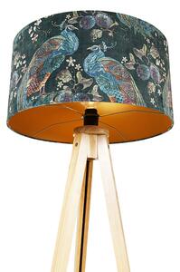 Moderní stojací lampa ze dřeva, látkové stínítko páv 50 cm - stativ Classic