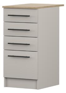 Spodní skříňka INEZ VI, kuchyň, kuchyňská skříňka 40 cm v provedení kašmír/kamenný dub se čtyřmi zásuvkami, černé kovové úchytky