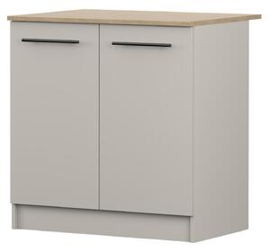 Spodní skříňka INEZ VI, kuchyň, dvoudveřová kuchyňská skříňka 80 cm v provedení kašmír/kamenný dub se dvěma křídlovými dvířky a černými kovovými úchytkami