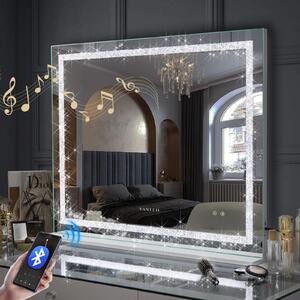 VANITII Hollywoodské kosmetické zrcadlo 100 cm x 80 cm s LED osvětlením 3 světelné režimy krystaly Bluetooth kosmetické zrcadlo do koupelny toaletní stolek Bílá