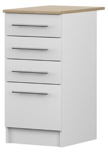 Spodní skříňka INEZ IV, kuchyň, kuchyňská skříňka 40 cm, bílá/kamenný dub, se čtyřmi zásuvkami, stříbrné kovové úchytky
