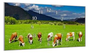 Nástěnné hodiny 30x60cm krávy na pastvě v horách - kalené sklo