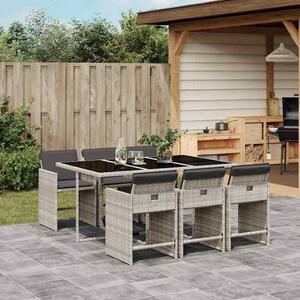 7dílný zahradní jídelní set s poduškami světle šedý polyratan 3211091