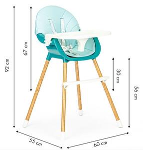 Židle na krmení 2v1 tyrkysová modrá s nohami v imitaci dřeva