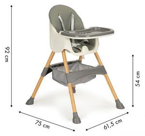 Vysoká židle na krmení 2v1 šedá s nohami v imitaci dřeva