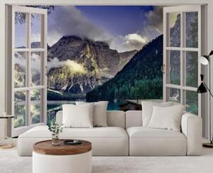 Fototapeta, Okno s pohledem na jezero v horách příroda - 140x100 cm
