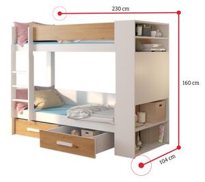 Dětská patrová postel GARET + 2x matrace, 90x200, bílá/dub artisan