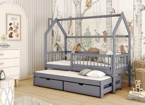 Dětská domečková postel s přistýlkou a šuplíky PIPER - 200x90 cm - šedá