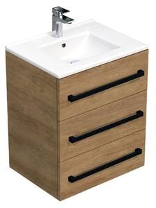 Koupelnová skříňka s černou úchytkou a umyvadlem SAT Cube Way 60x76,5x46 cm dub Hickory mat CUBE46C603DHMOD