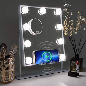 VANITII Make-up zrcadlo s osvětlením 25 x 30 cm LED osvětlení 9 stmívačů 3 barevné režimy Bluetooth make-up zrcadlo otočné o 360° pro toaletní stolek