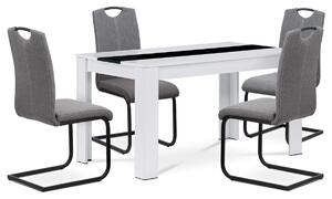 Jídelní set 1+4, stůl 138x80 cm, bílá MDF, židle šedá látka, černý lak