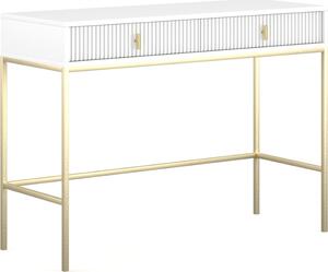 Kosmetický stolek: dvě zásuvky, bílá barva, zlaté nohy, výška 77 cm
