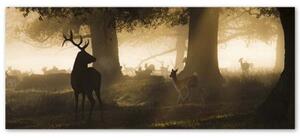 Obraz na plátně, Jelen v lese Fog Brown - 150x50 cm