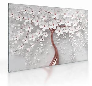 Skleněný obraz - Skleněný obraz bílého stromu s květinami, rosegold (70x50 cm)