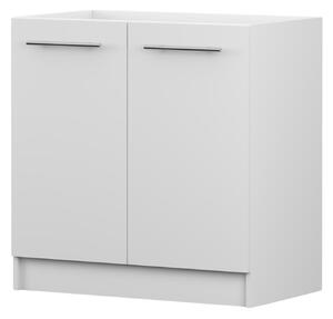 Skříňka pod dřez INEZ, kuchyň, dvoudveřová kuchyňská skříňka 80 cm, bílá/bílá, se dvěma křídlovými dvířky a stříbrnými kovovými úchytkami