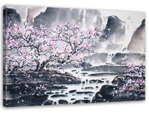 Obraz na plátně, Japonský třešňový květ Růžová příroda - 60x40 cm