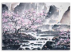 Obraz na plátně, Japonský třešňový květ Růžová příroda - 90x60 cm