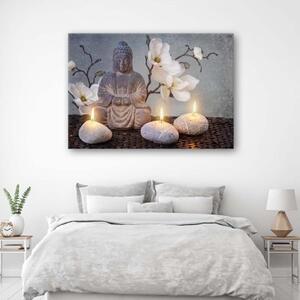 Obraz na plátně, Buddha šedé květiny kámen - 60x40 cm