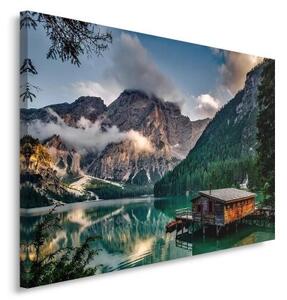 Obraz na plátně, Hory Dům Jezero Příroda - 120x80 cm