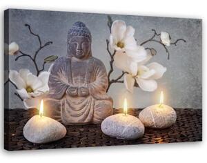 Obraz na plátně, Buddha šedé květiny kámen - 60x40 cm