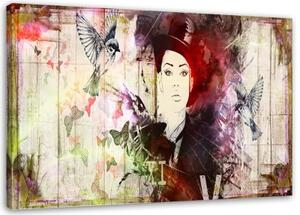 Obraz na plátně, Abstraktní žena klobouk ptáci - 100x70 cm