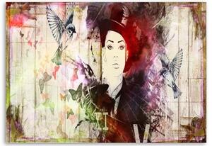 Obraz na plátně, Abstraktní žena klobouk ptáci - 60x40 cm