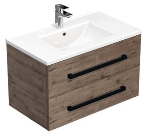 Koupelnová skříňka s černou úchytkou a umyvadlem SAT Cube Way 80x53x46 cm dub Wellington mat CUBE46C802DWMOD