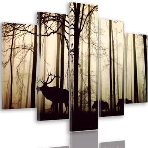 Obraz na plátně pětidílný Jelen v lesní mlze hnědý - 100x70 cm