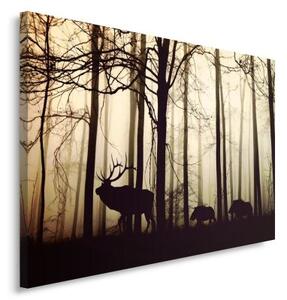 Obraz na plátně, Jelen v lese Fog Brown - 100x70 cm