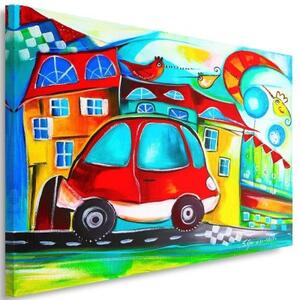 Obraz na plátně, Barevné město Červené auto - 90x60 cm