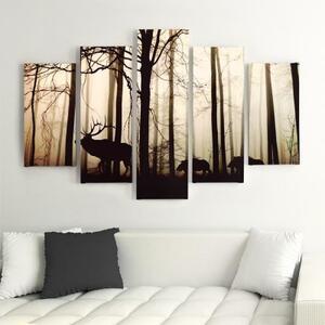 Obraz na plátně pětidílný Jelen v lesní mlze hnědý - 150x100 cm