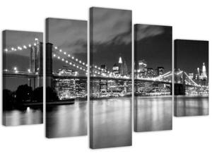 Obraz na plátně pětidílný New York Bridge Černá Bílá - 150x100 cm